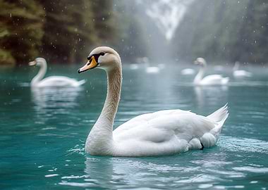 Swans swimming in a misty lake