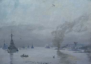 The Fleet, a Misty Day, 1917 - Firth of Forth by John Lavery WW1 Historical Painting
