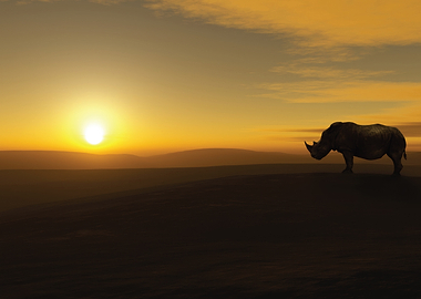 Rhino silhouetted against a sunset