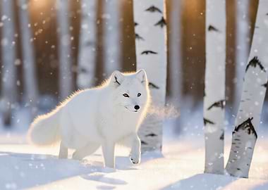 Arctic Fox in Snowy Birch Forest