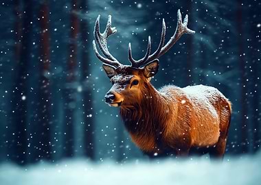 Majestic Stag in Snowy Forest