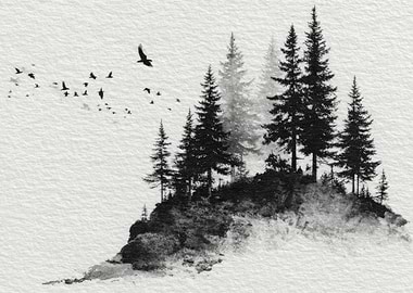 Birds flying over a forest island