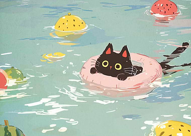 Black Cat Floats in Pool with Fruit