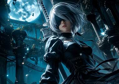 2B from NieR:Automata in a Ruined City