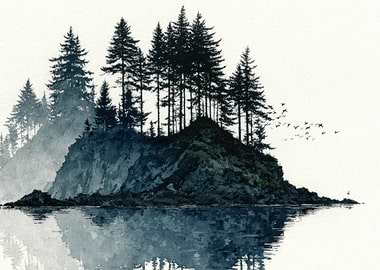Misty Forest Island Reflection
