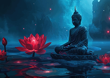Buddha Meditating Among Lotus Flowers