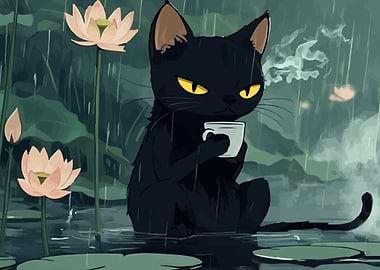 Black Cat Drinking Coffee in the Rain