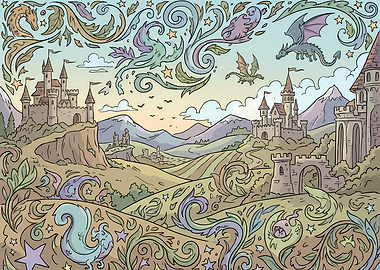 Fantasy Landscape with Dragons and Castles