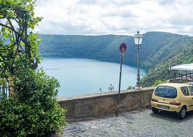 Scenic Lake View with Yellow Car