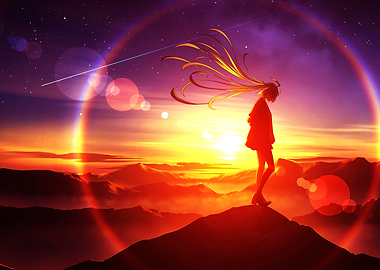 Anime Girl on Mountain at Sunset