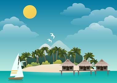 Tropical island paradise with overwater bungalows