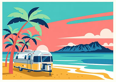 Retro Airstream Trailer on Tropical Beach