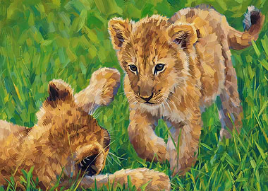 Two Lion Cubs Playing in Grass