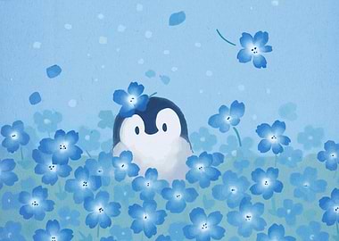 Cute Penguin in Blue Flowers