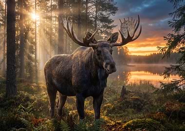 Majestic Moose in Misty Forest Sunrise