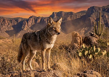 Coyote in the Desert at Sunset