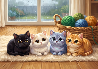 Four Cute Kittens on Fluffy Rug by Rainy Window