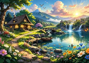 Enchanting Cottage by a Waterfall Lake