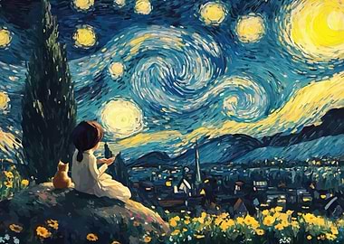 Girl and Cat Under Starry Night Sky