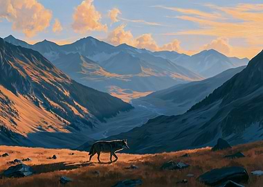 Wolf in a Mountain Valley at Sunset