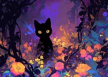 Black Cat in a Magical Forest
