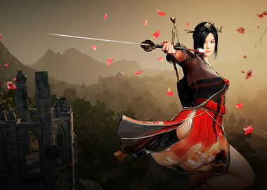 Warrior Woman with Sword and Falling Petals