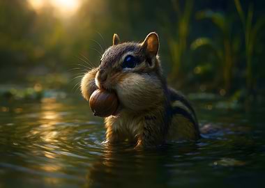 Chipmunk with Nut in Water