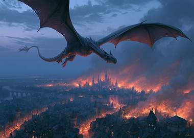 Dragon over burning city