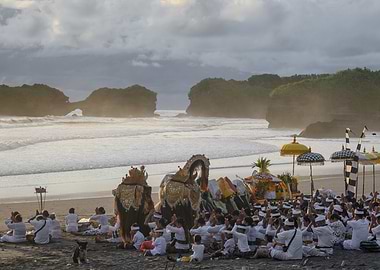 Balinese Beach Ceremony with Traditional Costumes