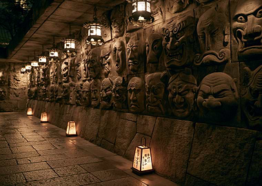Stone Wall with Carved Faces and Lanterns
