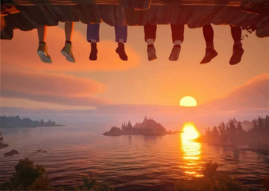 Friends Watching a Sunset Over a Lake