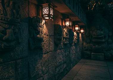 Stone Wall with Guardian Faces and Lanterns