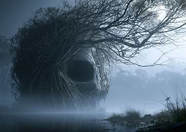 Haunted Tree Skull in Foggy Forest