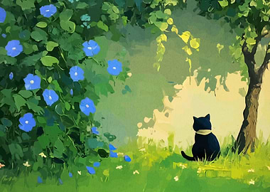 Black cat in a garden