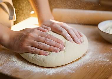 Hands kneading dough on a wooden surface