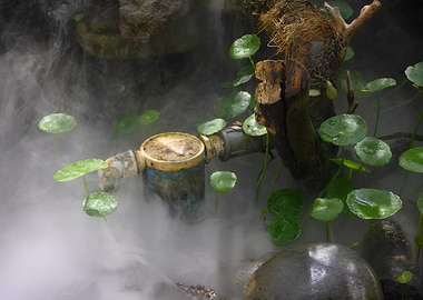 Misty Water Feature with Plants