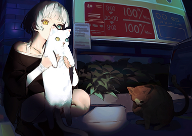 Girl with Cats at Night