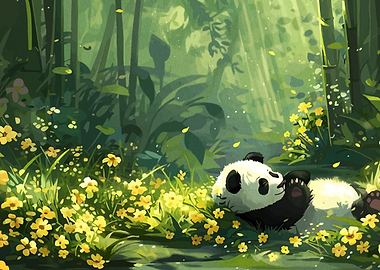 Panda Resting in a Field of Flowers