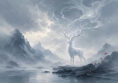 Mystical White Stag in Misty Mountains