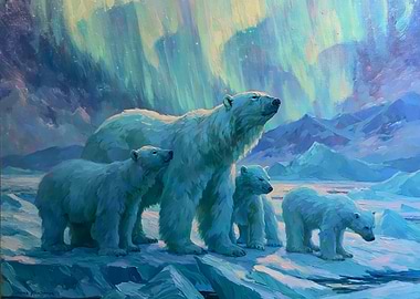 Polar Bears Under Aurora Borealis