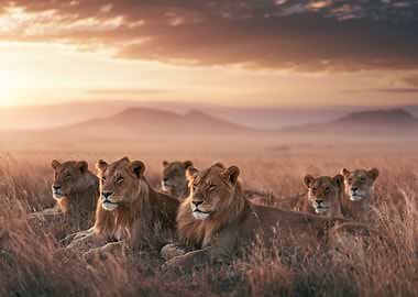 Lions resting in the savanna at sunset