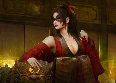 Mysterious Woman in Red Kimono