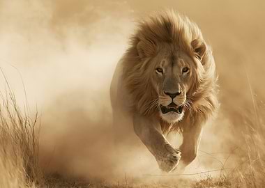 Lion running through dust