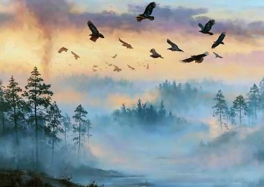 Eagles soaring over misty forest at sunrise