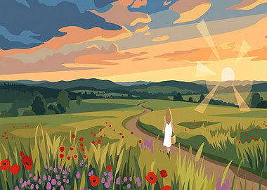 Woman walking on path at sunset