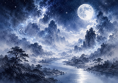 Mystical Mountain Landscape Under a Full Moon