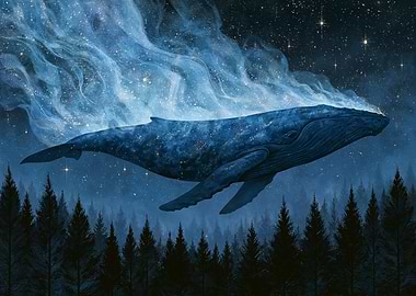 Whale swimming through starry sky