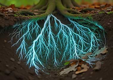 Glowing Tree Roots in Soil