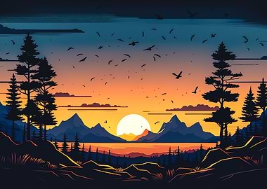 Sunset over mountains and lake