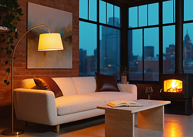 Cozy loft living room with city view